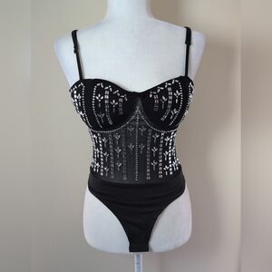 Nylon Apparel‎ Rhinestone Bodysuit Corset Black S